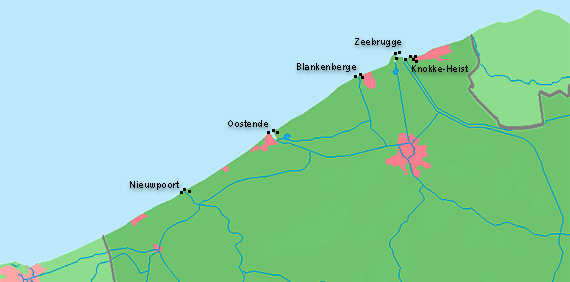 Map of the Belgium coast line and the lighthouses